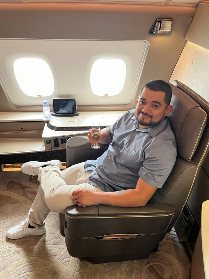 Booked with points Miguel in a first class seat booked with points